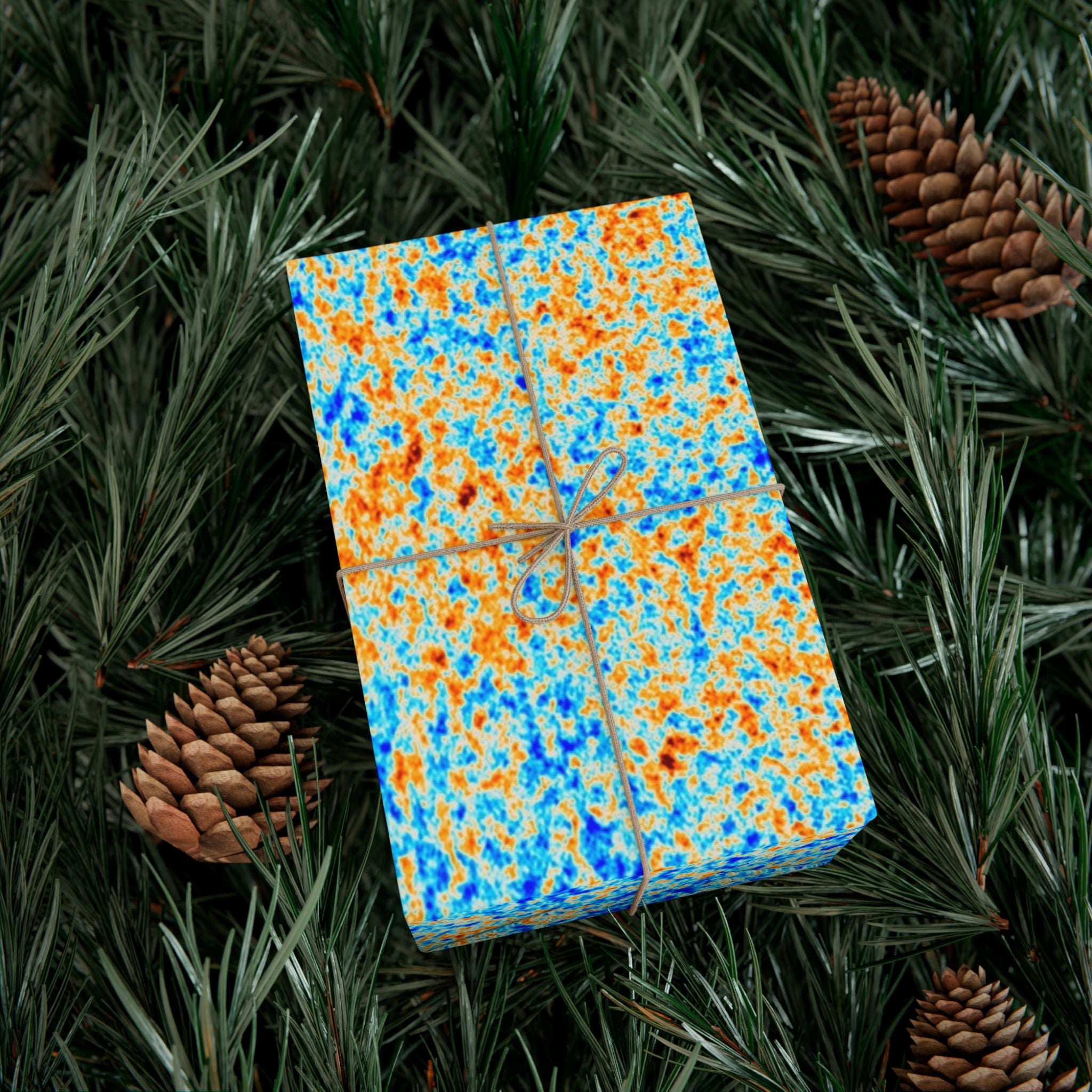 Gift box with blue and orange pattern of the cosmic microwave background on green foliage