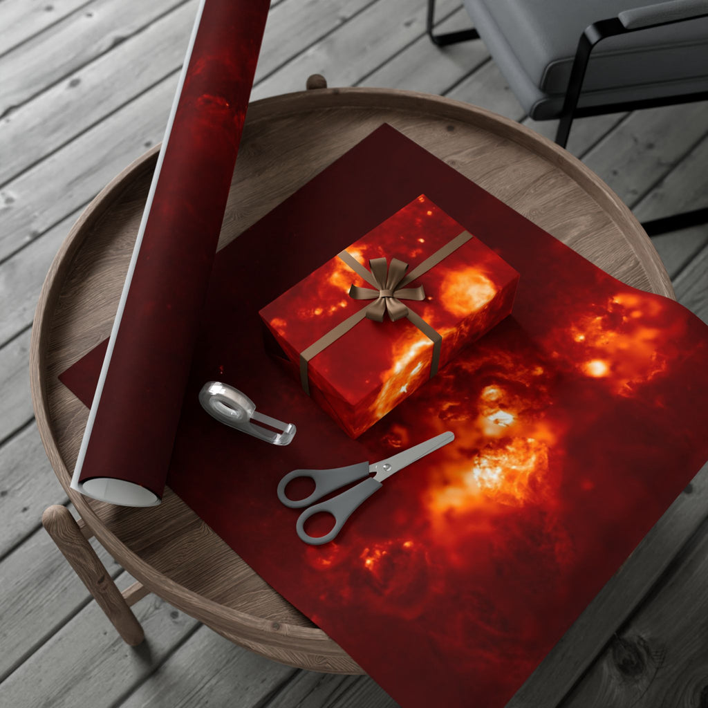 Gift with red and orange H-alpha wrapping paper on a wooden tray