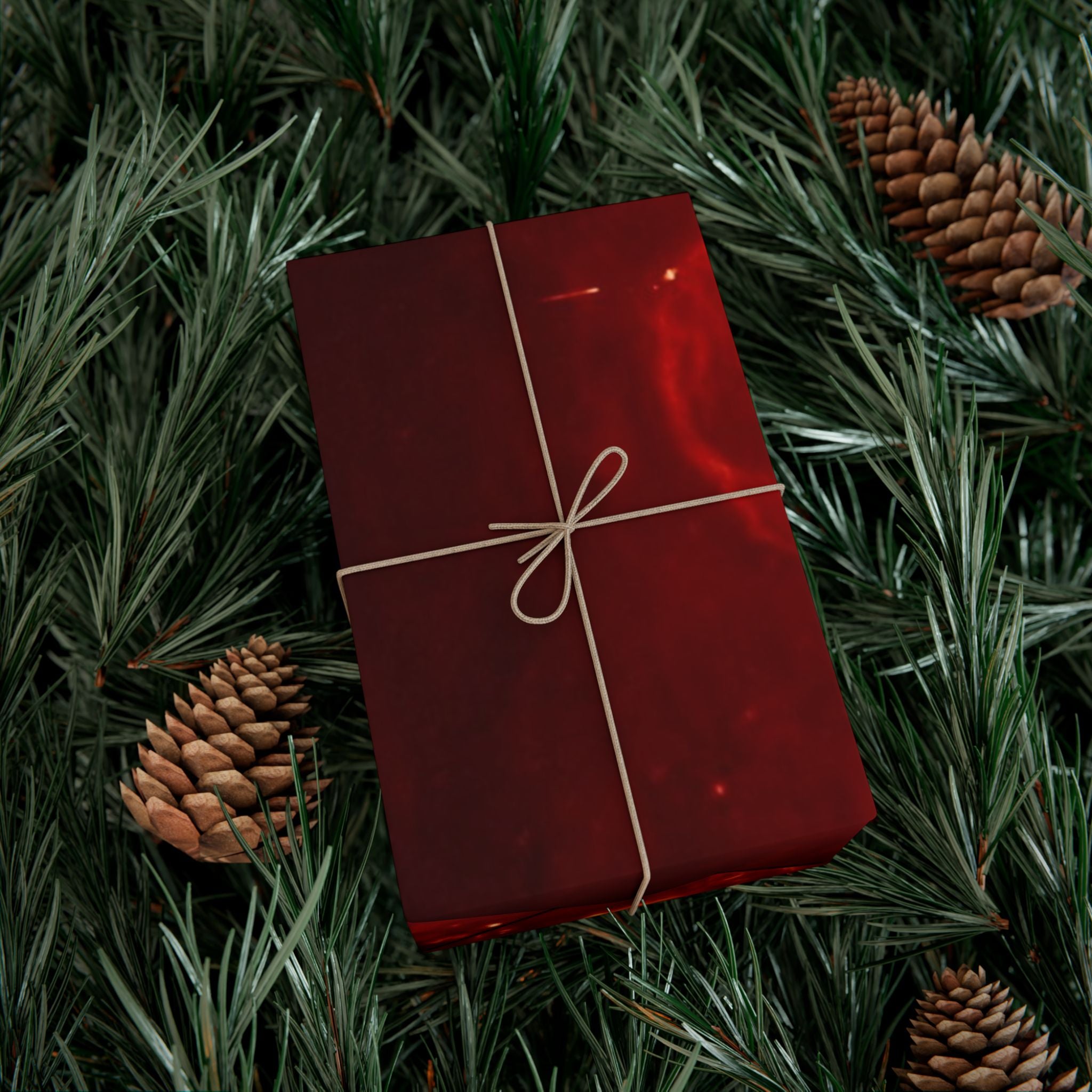 Red gift box with string bow on a bed of pine needles and pine cones