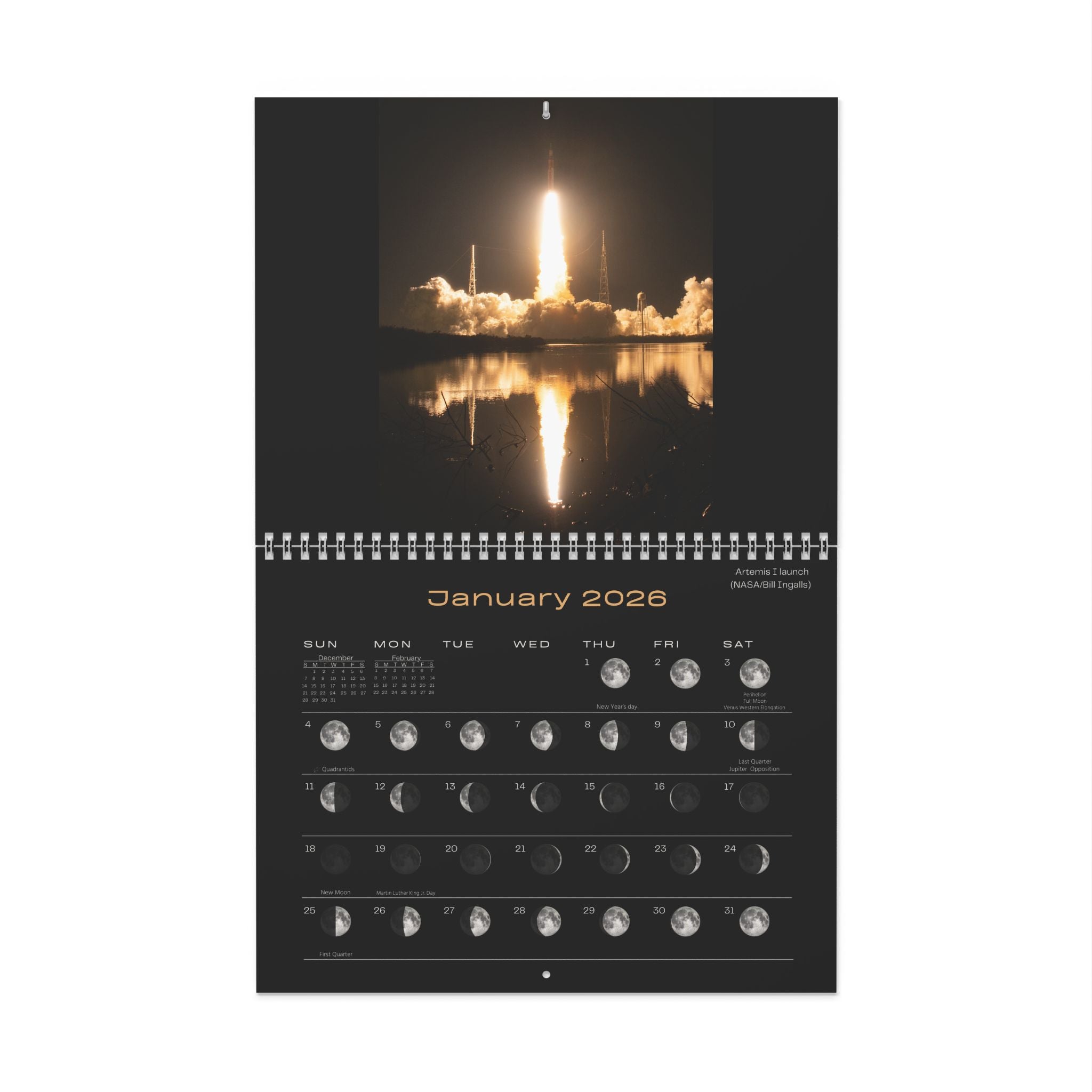 2026 Wall Calendar with Moon Phases, Images of Artemis I Mission - dark background