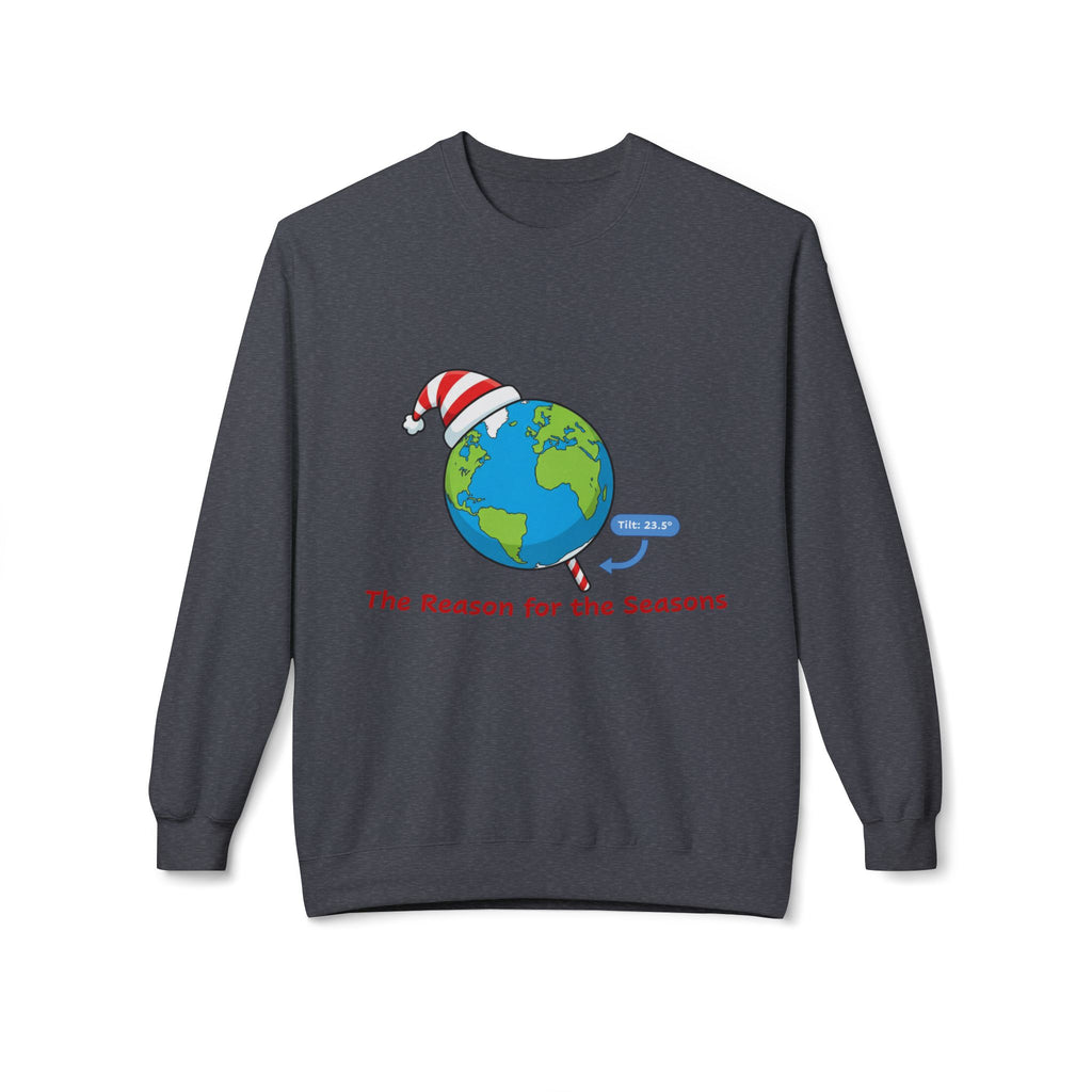 Dark gray sweatshirt with a graphic of the tilted Earth wearing a Santa hat and text  'The Reason for the Saesons' on a white background
