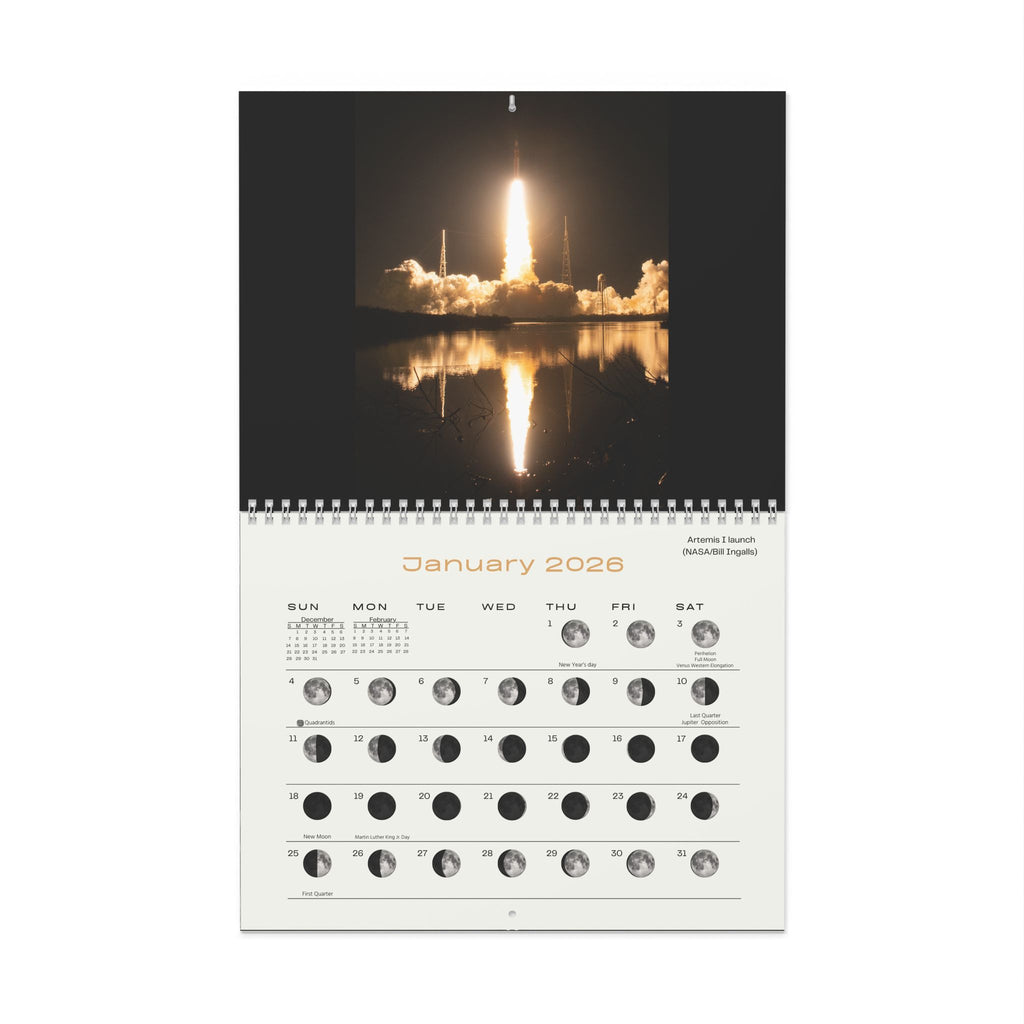 2026 Wall Calendar with Moon Phases, Images of Artemis I Mission - light background