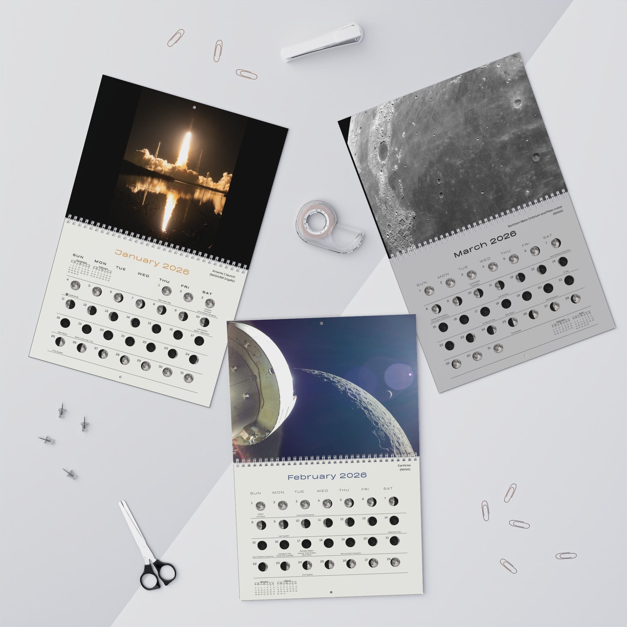 2026 Wall Calendar with Moon Phases, Images of Artemis I Mission - light background
