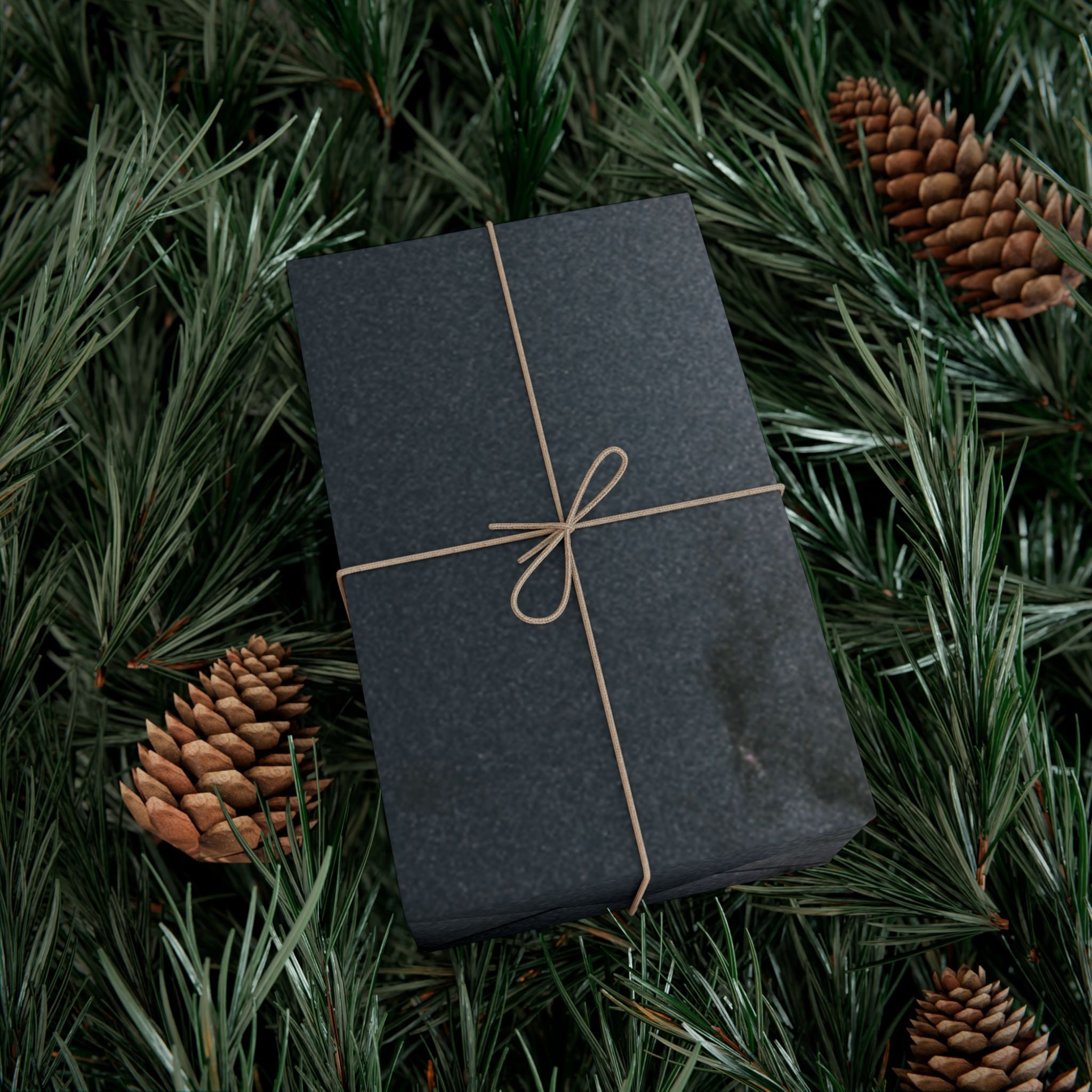 Darkly wrapped gift with brown string on a bed of pine needles and pine cones.