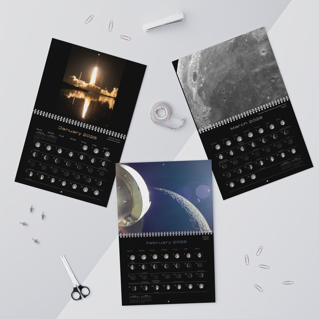 2026 Wall Calendar with Moon Phases, Images of Artemis I Mission - dark background