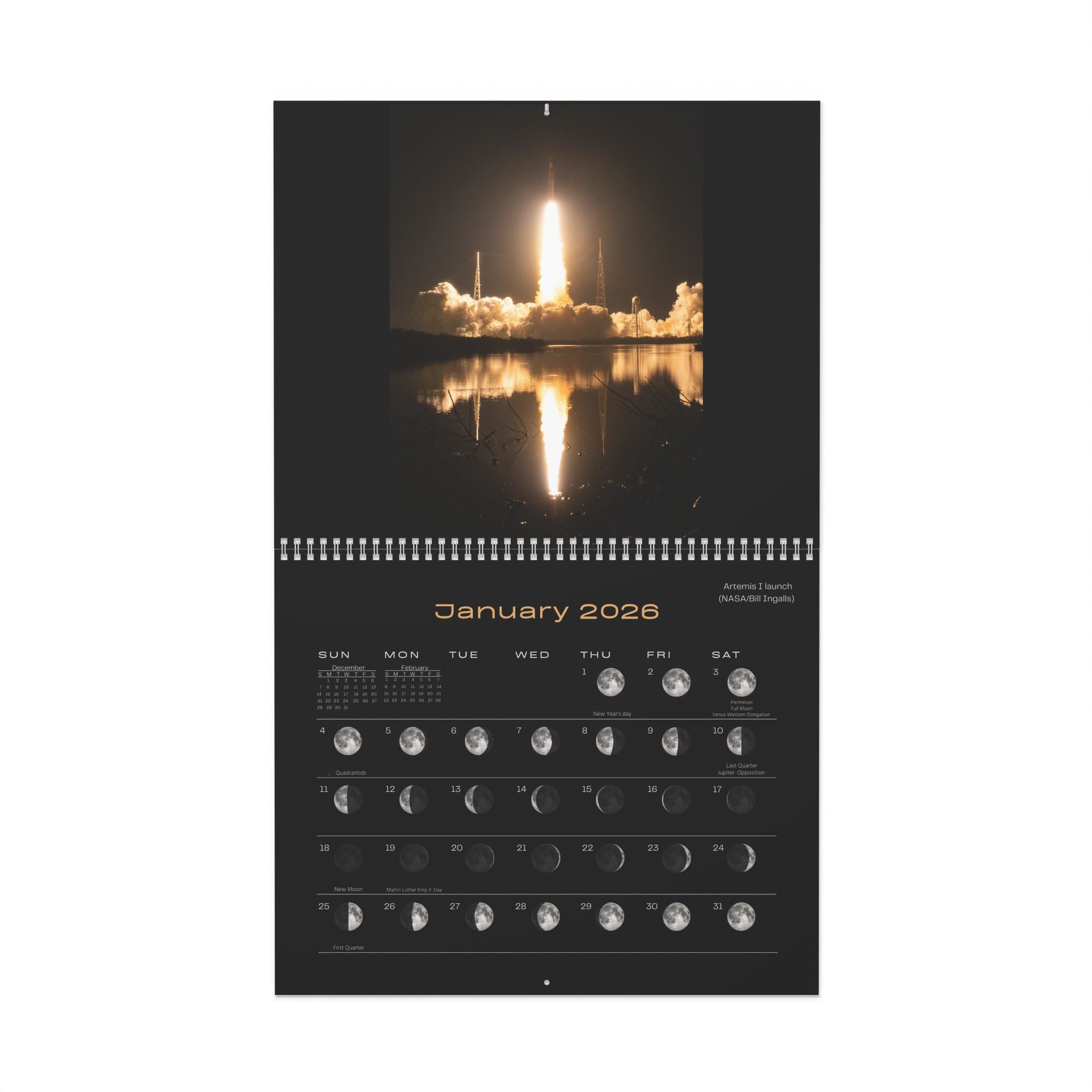 2026 Wall Calendar with Moon Phases, Images of Artemis I Mission - dark background