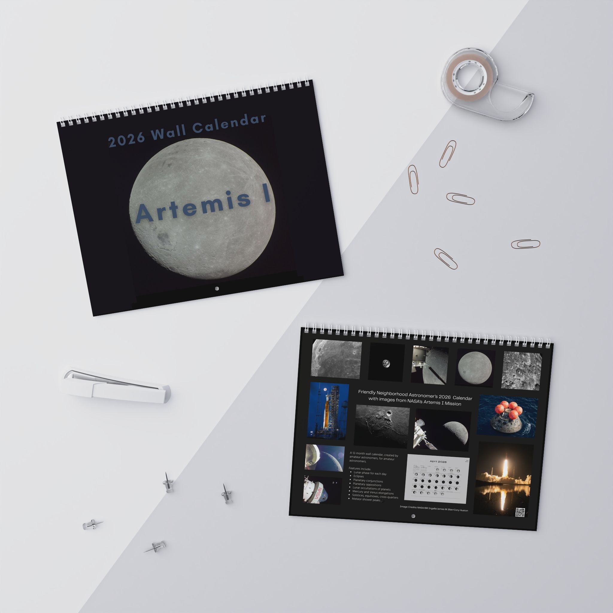 2026 Wall Calendar with Moon Phases, Images of Artemis I Mission - light background